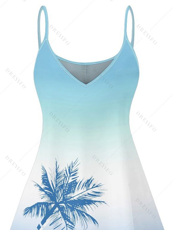 Robe de vacances ombrée à motif palmier, bretelles spaghetti, col en V, coupe trapèze, mini-robe de plage - Bleu Ciel XL | US 12