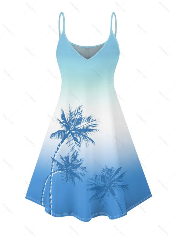 Vacation Couple Outfit Ombre Palm Tree Pattern Spaghetti Strap V Neck A Line Mini Tank Dress and Roll Up Sleeve Shirt Beach Two Piece Set - Bleu Ciel S | US 4