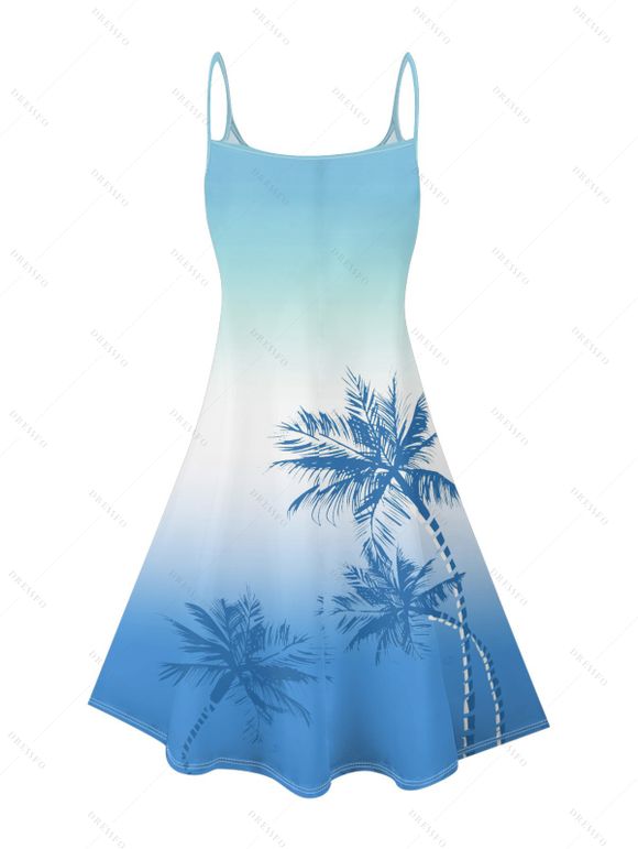 Vacation Couple Outfit Ombre Palm Tree Pattern Spaghetti Strap V Neck A Line Mini Tank Dress and Roll Up Sleeve Shirt Beach Two Piece Set - Bleu Ciel S | US 4