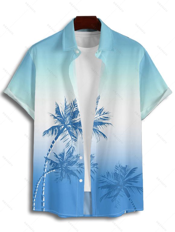 Vacation Couple Outfit Ombre Palm Tree Pattern Spaghetti Strap V Neck A Line Mini Tank Dress and Roll Up Sleeve Shirt Beach Two Piece Set - Bleu Ciel S | US 4