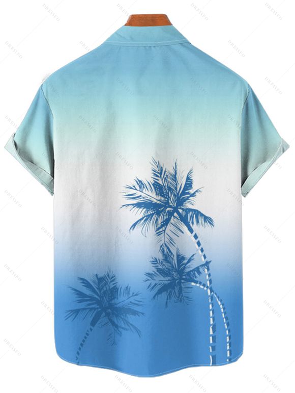 Vacation Couple Outfit Ombre Palm Tree Pattern Spaghetti Strap V Neck A Line Mini Tank Dress and Roll Up Sleeve Shirt Beach Two Piece Set - Bleu Ciel S | US 4