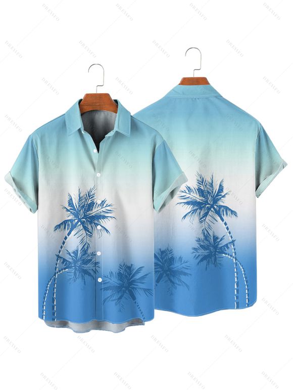 Vacation Couple Outfit Ombre Palm Tree Pattern Spaghetti Strap V Neck A Line Mini Tank Dress and Roll Up Sleeve Shirt Beach Two Piece Set - Bleu Ciel S | US 4