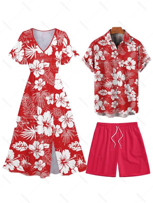 Hibiscus Print V Neck Split Hem Dress and Button Up Shirt Drawstring Beach Shorts Vacation Outfit - Rouge S | US 4