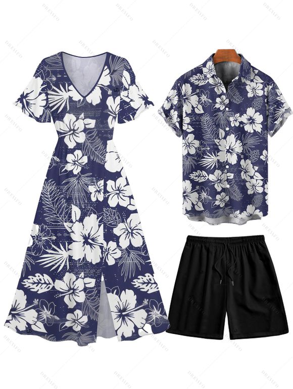 Hibiscus Print V Neck Split Hem Dress and Button Up Shirt Drawstring Beach Shorts Vacation Outfit - Bleu de Minuit S | US 4