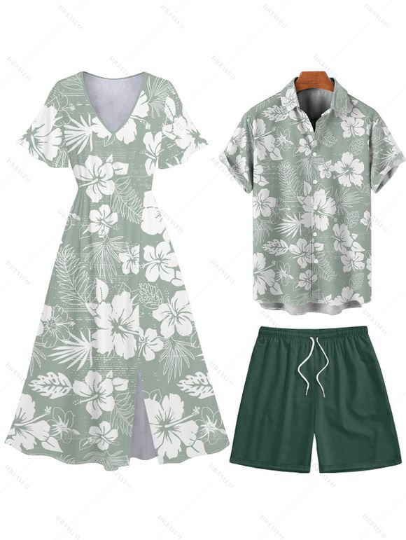 Hibiscus Print V Neck Split Hem Dress and Button Up Shirt Drawstring Beach Shorts Vacation Outfit - Vert clair S | US 4