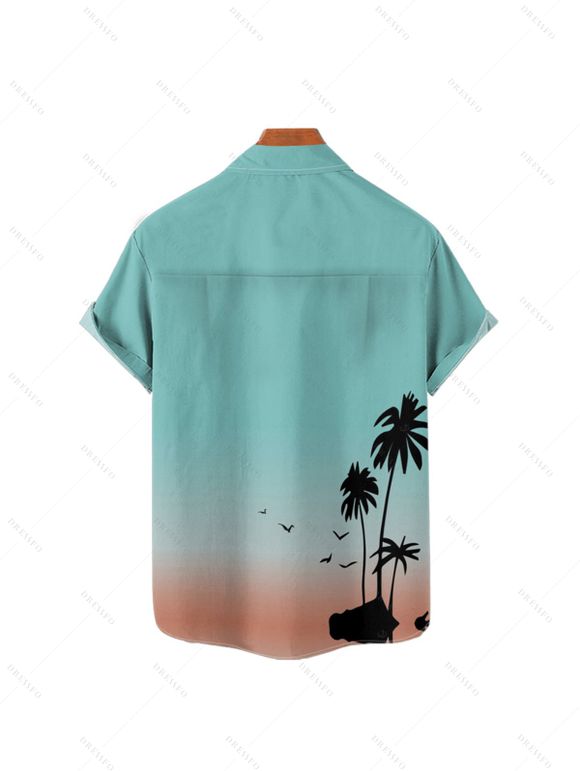 Ombre Palm Tree Print Women's Spaghetti Strap Dress Men's Button Up Shirt  Girls Flutter Sleeve Dress Boy's Button Up Kid Shirt Men's Solid Color Drawstring Shorts Five Pieces Outfit - Vert clair S | US 4