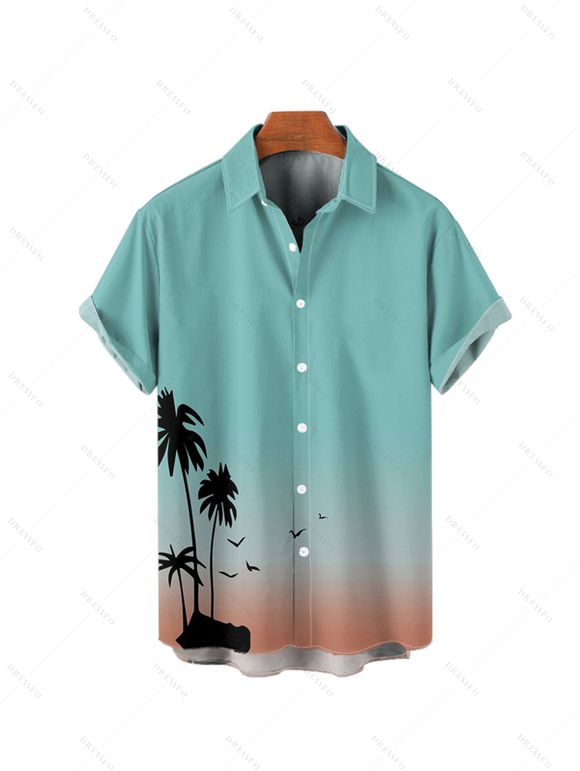 Ombre Palm Tree Print Women's Spaghetti Strap Dress Men's Button Up Shirt  Girls Flutter Sleeve Dress Boy's Button Up Kid Shirt Men's Solid Color Drawstring Shorts Five Pieces Outfit - Vert clair S | US 4