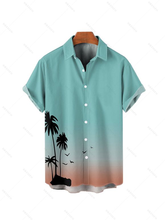 Ombre Palm Tree Print Mother Spaghetti Strap Dress Dad Button Up Shirt and Solid Color Drawstring Shorts Boy's Shirt Four Pieces Outfit - Vert clair S | US 4