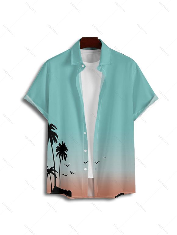 Ombre Palm Tree Print Women's Spaghetti Strap Dress Men's Button Up Shirt  Girls Flutter Sleeve Dress Boy's Button Up Kid Shirt Men's Solid Color Drawstring Shorts Five Pieces Outfit - Vert clair S | US 4