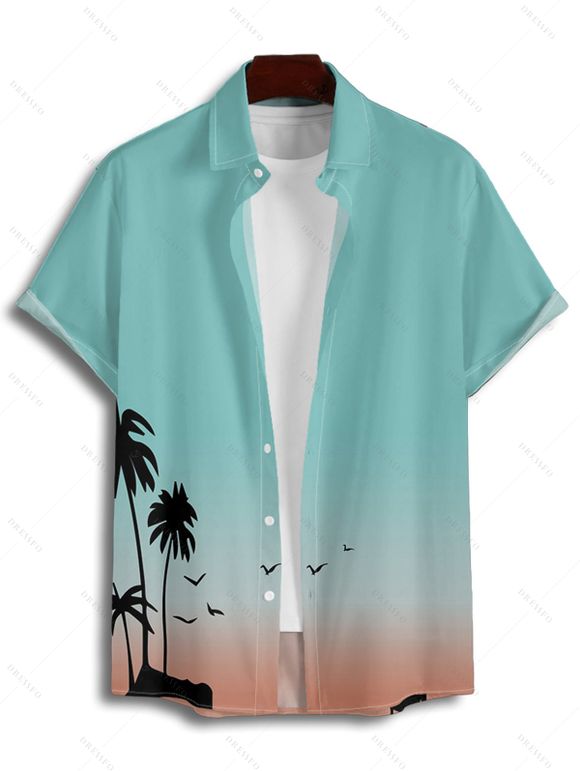 Ombre Palm Tree Print Women's Spaghetti Strap Dress Men's Button Up Shirt  Girls Flutter Sleeve Dress Boy's Button Up Kid Shirt Men's Solid Color Drawstring Shorts Five Pieces Outfit - Vert clair S | US 4