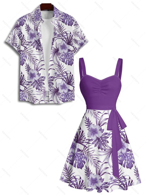 Tropical Flower Leaf Print Belted Mini Vacation Dress And Short Sleeve Shirt Matching Outfit - Concorde S | US 4