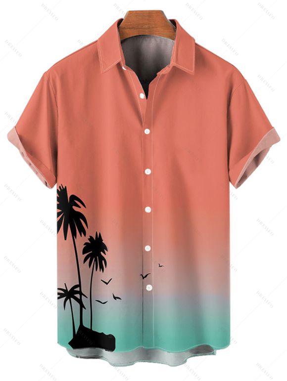 Vacation Couple Outfit Ombre Coconut Tree Spaghetti Strap Tank Dress and Roll Up Sleeve Shirt Solid Color Drawstrings Beach Short Outfit - Orange S | US 4