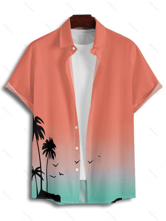 Vacation Couple Outfit Ombre Coconut Tree Spaghetti Strap Tank Dress and Roll Up Sleeve Shirt Solid Color Drawstrings Beach Short Outfit - Orange S | US 4