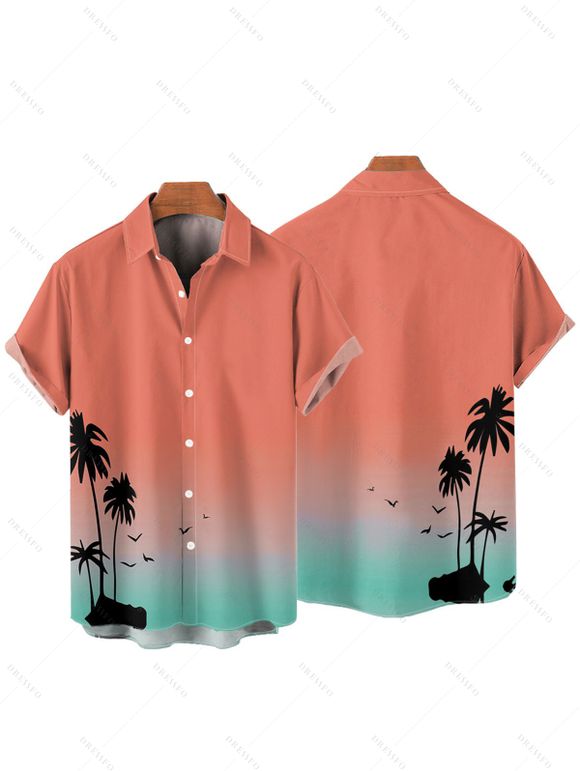 Vacation Couple Outfit Ombre Coconut Tree Spaghetti Strap Tank Dress and Roll Up Sleeve Shirt Solid Color Drawstrings Beach Short Outfit - Orange S | US 4