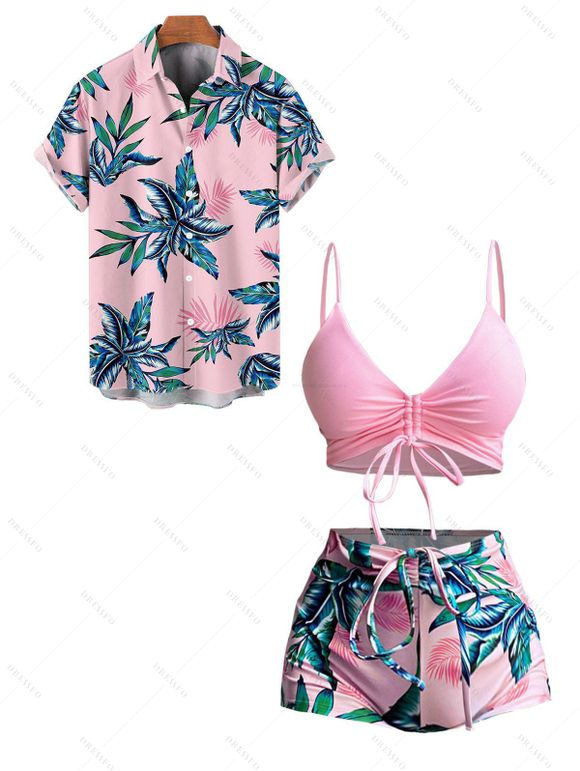 Hawaii Couple Outfit Solid Color Cinched Swim Top Tropical Plant Leaf Pattern Bowknot Boyshorts Tankini Set and Roll Up Sleeve Shirt Vacation Outfit - LIGHT PINK S | US 4