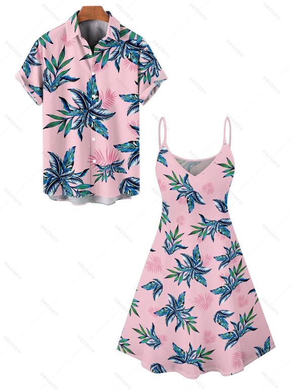 Hawaii Couple Outfit Tropical Plant Print Spaghetti Strap V Neck A Line Mini Tank Dress and Roll Up Sleeve Shirt Vacation Matching Outfit - LIGHT PINK S | US 4