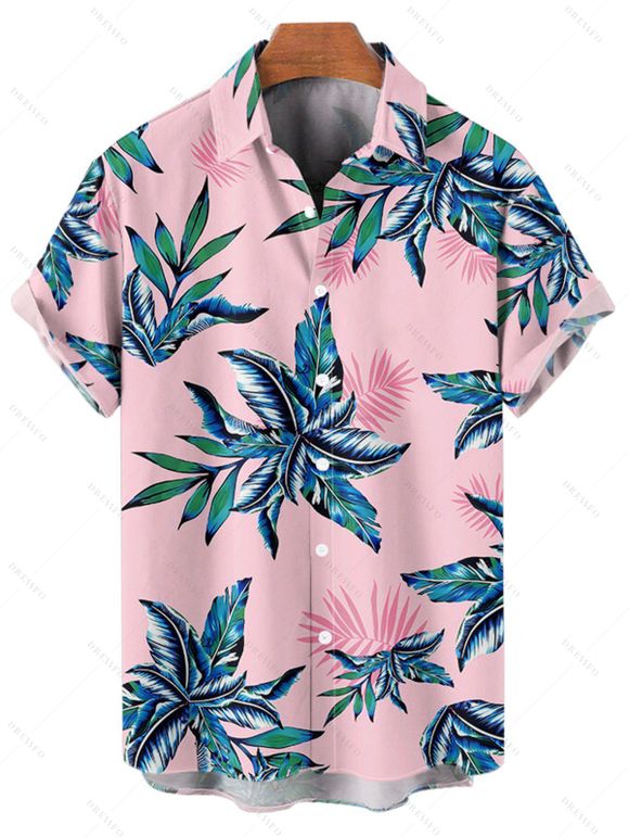 Chemise de Vacances Plante Feuille Imprimées Hawaii Boutonnée à Manches Roulées pour Homme - Rose clair S