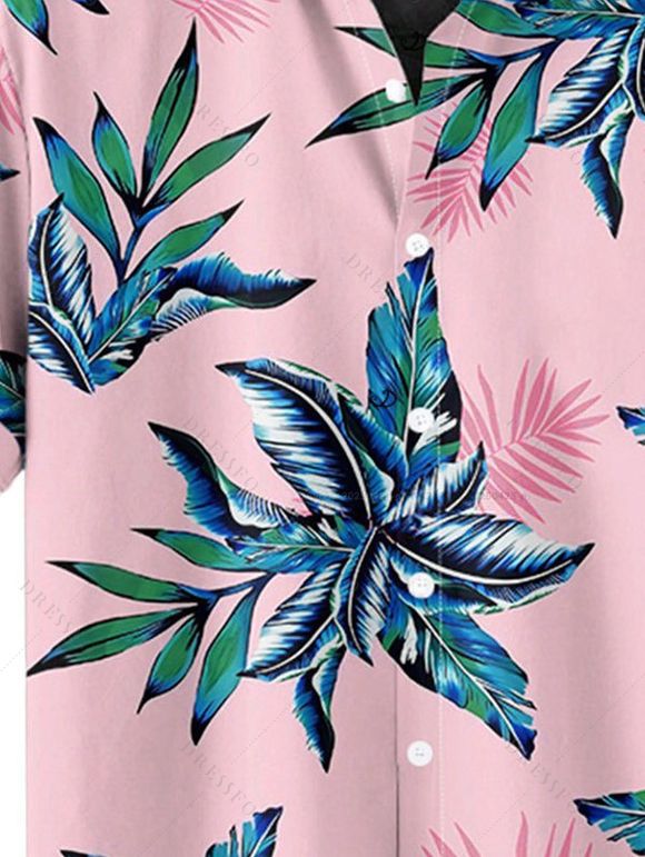 Chemise de Vacances Plante Feuille Imprimées Hawaii Boutonnée à Manches Roulées pour Homme - Rose clair 4XL