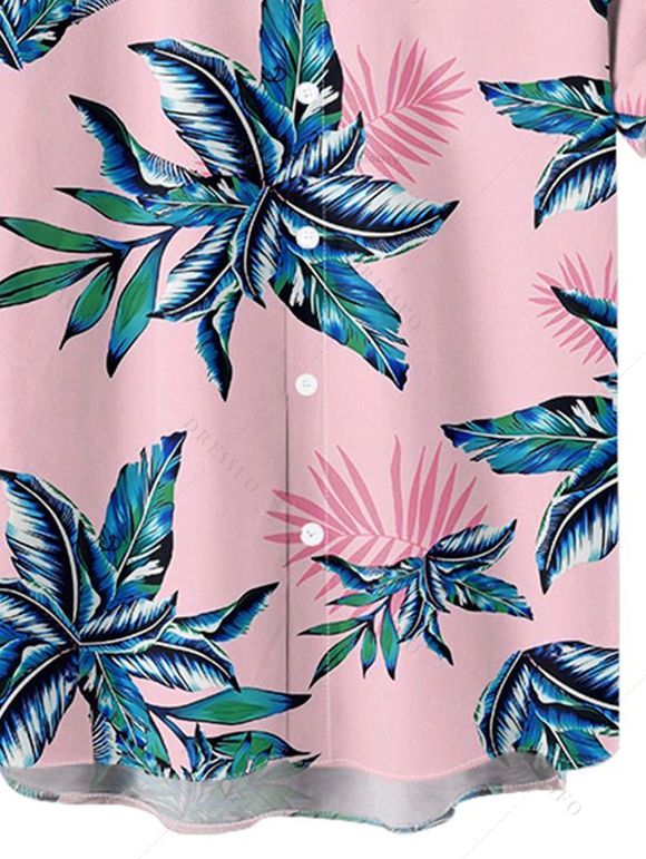 Chemise de Vacances Plante Feuille Imprimées Hawaii Boutonnée à Manches Roulées pour Homme - Rose clair 4XL