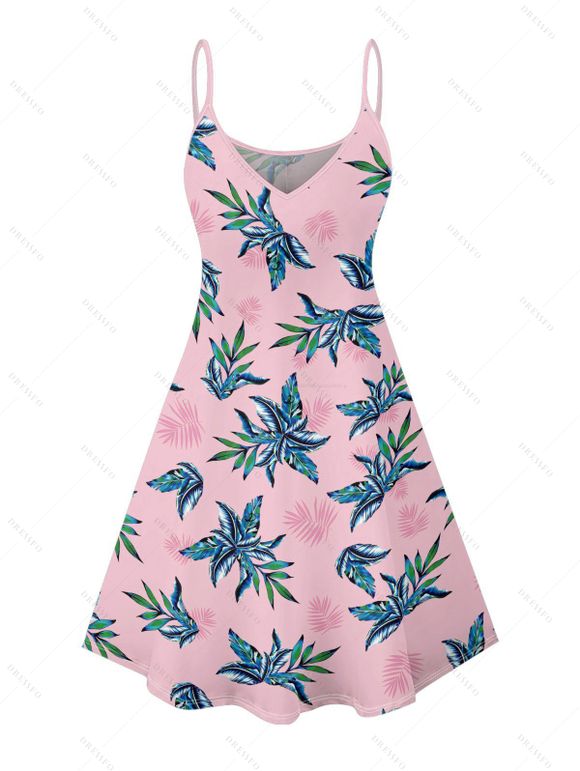 Mini Robe Ligne A Plante Tropicale Imprimée à Bretelle Fine à Col V - Rose clair L | US 8-10
