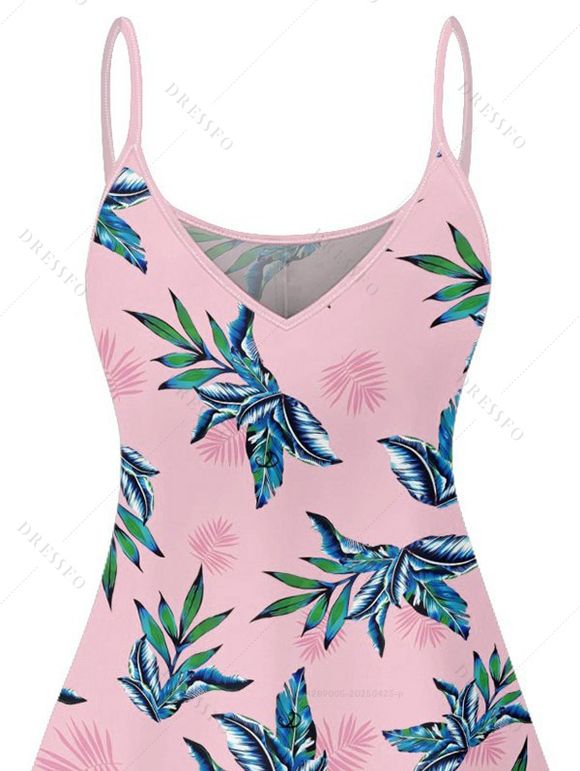 Mini Robe Ligne A Plante Tropicale Imprimée à Bretelle Fine à Col V - Rose clair XXXXXL | US 20