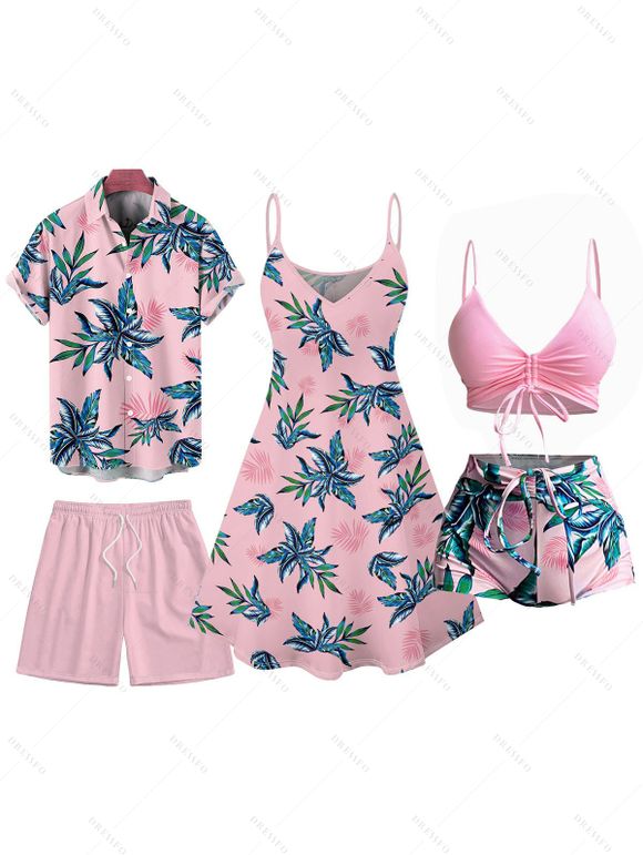 Hawaii Couple Outfit Tropical Plant Print Spaghetti Strap Dress Cinched Tankini Swimsuit and Roll Up Sleeve Shirt Drawstring Shorts Beach Matching Outfit - LIGHT PINK S | US 4