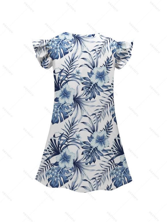 Girls Dress Allover Hibiscus Floral Leaf Pattern Vacation Dress Short Flutter Sleeve A Line Mini Kid Dress - Bleu profond 160