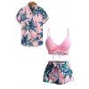 Hawaii Couple Outfit Solid Color Cinched Swim Top Tropical Plant Leaf Pattern Bowknot Boyshorts Tankini Set and Roll Up Sleeve Shirt Vacation Outfit - LIGHT PINK S | US 4