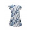 Girls Dress Allover Hibiscus Floral Leaf Pattern Vacation Dress Short Flutter Sleeve A Line Mini Kid Dress - Bleu profond 120