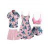 Hawaii Couple Outfit Tropical Plant Print Spaghetti Strap Dress Cinched Tankini Swimsuit and Roll Up Sleeve Shirt Drawstring Shorts Beach Matching Outfit - LIGHT PINK S | US 4