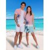 Vacation Couple Outfit Palm Tree Sea Pattern Ombre Spaghetti Strap V Neck A Line Mini Tank Dress and Roll Up Sleeve Shirt Beach Two Piece Set - LIGHT PINK S | US 4