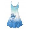 Vacation Couple Outfit Ombre Palm Tree Pattern Spaghetti Strap V Neck A Line Mini Tank Dress and Roll Up Sleeve Shirt Beach Two Piece Set - Bleu Ciel S | US 4