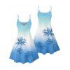 Vacation Couple Outfit Ombre Palm Tree Pattern Spaghetti Strap V Neck A Line Mini Tank Dress and Roll Up Sleeve Shirt Beach Two Piece Set - Bleu Ciel S | US 4