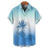 Vacation Couple Outfit Ombre Palm Tree Pattern Spaghetti Strap V Neck A Line Mini Tank Dress and Roll Up Sleeve Shirt Beach Two Piece Set - Bleu Ciel S | US 4