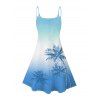 Vacation Couple Outfit Ombre Palm Tree Pattern Spaghetti Strap V Neck A Line Mini Tank Dress and Roll Up Sleeve Shirt Beach Two Piece Set - Bleu Ciel S | US 4