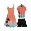 Vacation Couple Outfit Ombre Coconut Tree Spaghetti Strap Tank Dress and Roll Up Sleeve Shirt Solid Color Drawstrings Beach Short Outfit