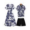 Hibiscus Print V Neck Split Hem Dress and Button Up Shirt Drawstring Beach Shorts Vacation Outfit - Bleu de Minuit S | US 4