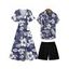 Hibiscus Print V Neck Split Hem Dress and Button Up Shirt Drawstring Beach Shorts Vacation Outfit - Bleu de Minuit S | US 4
