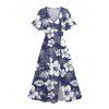 Hibiscus Print V Neck Split Hem Dress and Button Up Shirt Drawstring Beach Shorts Vacation Outfit - Bleu de Minuit S | US 4