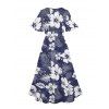 Hibiscus Print V Neck Split Hem Dress and Button Up Shirt Drawstring Beach Shorts Vacation Outfit - Bleu de Minuit S | US 4