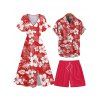 Hibiscus Print V Neck Split Hem Dress and Button Up Shirt Drawstring Beach Shorts Vacation Outfit - Rouge S | US 4
