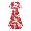 Hibiscus Print V Neck Split Hem Dress and Button Up Shirt Drawstring Beach Shorts Vacation Outfit - Rouge S | US 4