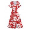 Hibiscus Print V Neck Split Hem Dress and Button Up Shirt Drawstring Beach Shorts Vacation Outfit - Rouge S | US 4