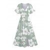 Hibiscus Print V Neck Split Hem Dress and Button Up Shirt Drawstring Beach Shorts Vacation Outfit - Vert clair S | US 4