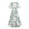 Hibiscus Print V Neck Split Hem Dress and Button Up Shirt Drawstring Beach Shorts Vacation Outfit - Vert clair S | US 4