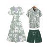 Hibiscus Print V Neck Split Hem Dress and Button Up Shirt Drawstring Beach Shorts Vacation Outfit - Vert clair S | US 4