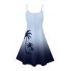 Vacation Couple Outfit Ombre Coconut Tree Pattern Spaghetti Strap Dress and Roll Up Sleeve Shirt Beach Matching Outfit - Bleu gris S | US 4
