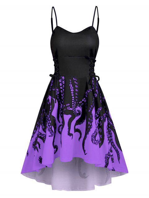 Robe d'Eté Haute Basse Mignonne à Bretelle à Imprimé Pieuvre à Lacets