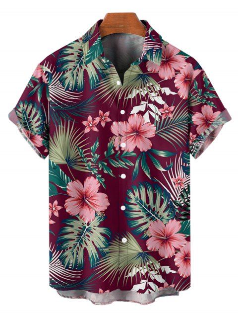 Chemise de vacances à manches courtes et boutons pour homme, motif fleur d'hibiscus et feuilles tropicales