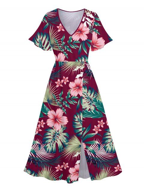 Robe de vacances fendue à motif de feuilles tropicales et de fleurs d'hibiscus, col en V, manches évasées, robe trapèze hawaïenne